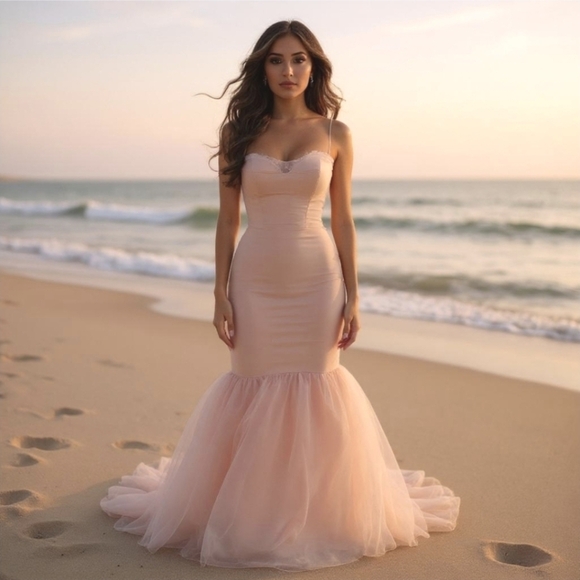 Nova Luxe ✦ Sweetheart Ruched Maxi Dress ✦ Blush Strapless Mesh Mermaid Gown S - Picture 7 of 13